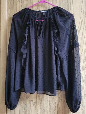 EXPRESS Sheer Top Swiss Dot Ruffle Fairy Grunge Whimsigoth Vamp Boho Black Small